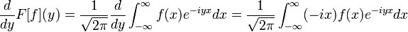 \frac{d}{dy}F[f](y)=\frac{1}{\sqrt{2\pi}}\frac{d}{dy}\int_{-\infty}^{\infty}f(x)e^{-iyx}dx=\frac{1}{\sqrt{2\pi}}\int_{-\infty}^{\infty}(-ix)f(x)e^{-iyx}dx
