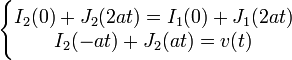 \Bigg\{\begin{matrix}
 I_2(0)+J_2(2at)=I_1(0)+J_1(2at)\\
I_2(-at)+J_2(at)=v(t)
\end{matrix} 