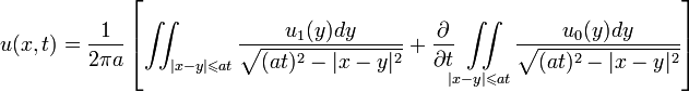 u(x,t)=\frac{1}{2\pi a}\left[\iint_{|x-y|\leqslant at}\frac{u_1(y)dy}{\sqrt{(at)^2-|x-y|^2}}+\frac{\partial}{\partial t}\iint\limits_{|x-y|\leqslant at}\frac{u_0(y)dy}{\sqrt{(at)^2-|x-y|^2}}\right]