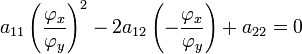 a_{11}\left(\frac{\varphi_x}{\varphi_y}\right)^2-2a_{12}\left(-\frac{\varphi_x}{\varphi_y}\right)+a_{22}=0
