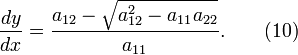 \frac{dy}{dx}=\frac{a_{12}-\sqrt{a_{12}^2-a_{11}a_{22}}}{a_{11}}.~~~~~~(10)