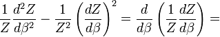 \frac{1}{Z}\frac{d^2 Z}{d\beta^2}-\frac{1}{Z^2}\left( \frac{dZ}{d\beta}\right)^2=\frac{d}{d\beta}\left( \frac{1}{Z}\frac{dZ}{d\beta}\right)=