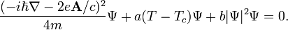 \frac{(-i\hbar\nabla-2e\bold{A}/c)^2}{4m}\Psi+a(T-T_c)\Psi+b|\Psi|^2\Psi=0.