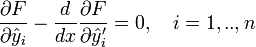 \frac{\partial F}{\partial \hat{y}_i}-\frac{d}{dx}\frac{\partial F}{\partial \hat{y}'_i}=0,~~~i=1,..,n