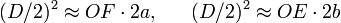 (D/2)^2\approx OF\cdot 2a,~~~~~(D/2)^2\approx OE\cdot 2b