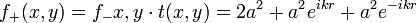 f_+(x,y)=f_-{x,y}\cdot t(x,y)=2a^2+a^2e^{ikr}+a^2e^{-ikr}