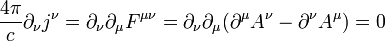 \frac{4\pi}{c}\partial_{\nu}j^{\nu}=\partial_{\nu}\partial_{\mu}F^{\mu\nu}=\partial_{\nu}\partial_{\mu}(\partial^{\mu}A^{\nu}-\partial^{\nu}A^{\mu})=0