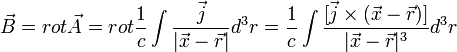 \vec{B}=rot \vec{A} = rot \frac{1}{c}\int \frac{\vec{j}}{|\vec{x}-\vec{r}|}d^3r = \frac{1}{c}\int \frac{[\vec{j}\times(\vec{x}-\vec{r})]}{|\vec{x}-\vec{r}|^3}d^3 r