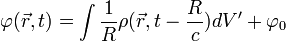 \varphi(\vec{r},t)=\int \frac{1}{R}\rho(\vec{r}, t - \frac{R}{c})dV'+\varphi_0