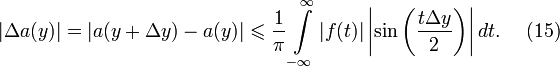 |\Delta a(y)|=|a(y+\Delta y)-a(y)|\leqslant \frac{1}{\pi}\int\limits_{-\infty}^{\infty}|f(t)|\left|\sin\left(\frac{t\Delta y}{2}\right)\right|dt.~~~~(15)