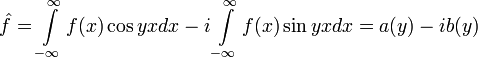 \hat{f}=\int\limits_{-\infty}^{\infty}f(x)\cos yxdx-i\int\limits_{-\infty}^{\infty}f(x)\sin yxdx=a(y)-ib(y)