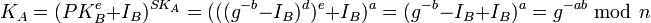 K_{A}=(PK_B^{e}+I_B)^{SK_A}=(((g^{-b}-I_B)^d)^e+I_B)^a=(g^{-b}-I_{B}+I_B)^a=g^{-ab}~\bmod~n