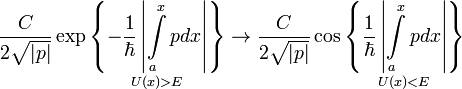 \frac{C}{2\sqrt{|p|}}\exp\underset{U(x)>E}{\left\{-\frac{1}{\hbar}\left|\int\limits_{a}^{x}pdx\right|\right\}}\to\frac{C}{2\sqrt{|p|}}\cos\underset{U(x)<E}{\left\{\frac{1}{\hbar}\left|\int\limits_{a}^{x}pdx\right|\right\}}