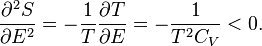 \frac{\partial^2 S}{\partial E^2}=-\frac{1}{T}\frac{\partial T}{\partial E}=-\frac{1}{T^2C_V}<0.